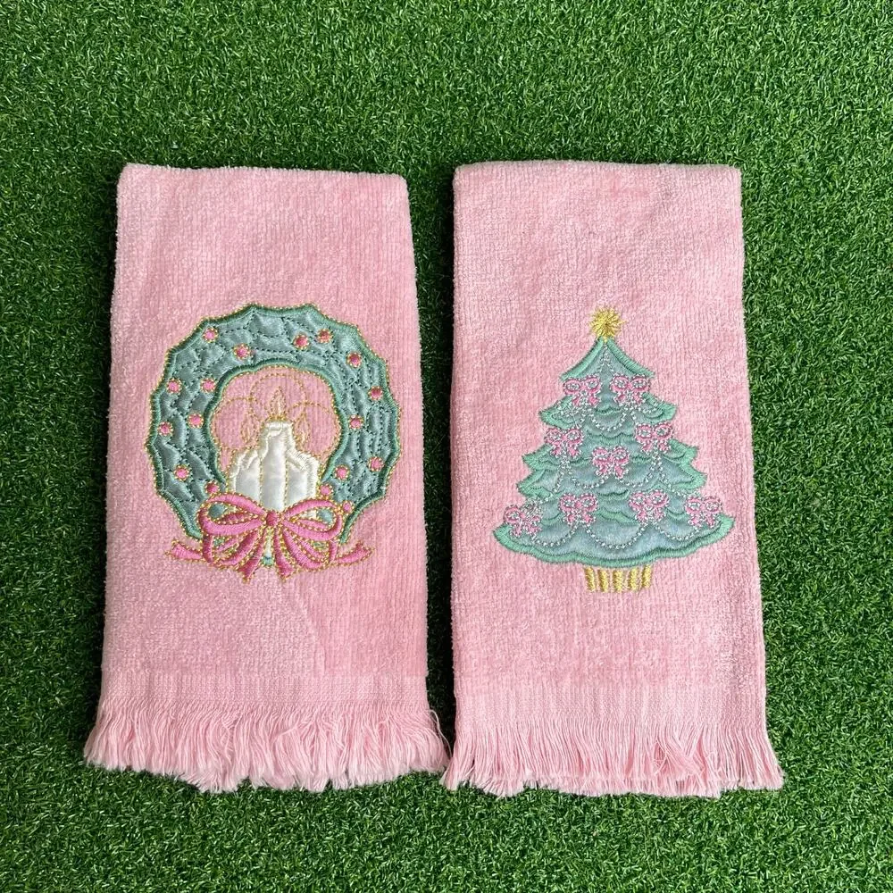 Vintage Pink Holiday Fingertip Towels Lot Embroidered Christmas Wreath and Tree